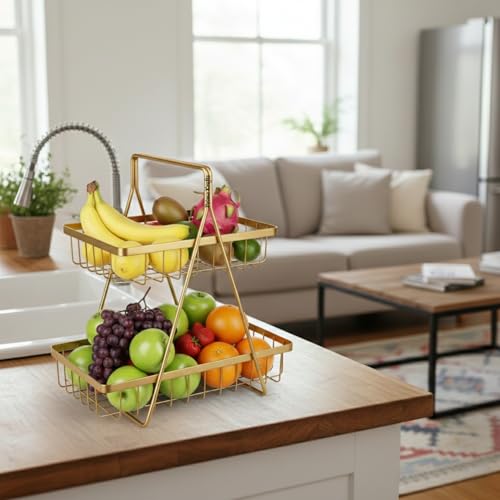 Image of 2 Tier Metal Fruit and Vegetables Basket with Handle | Fruit Vegetables Snacks and Bread Organizer for Kitchen, Dining Table, Livingroom | Bathroom Countertop Stand (Design 2 - Gold)