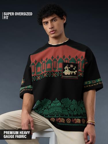 Image of The Souled Store Samsara Men and Boys Short Sleeves Round Neck Grey Graphic Printed Cotton Super Oversized T-Shirts