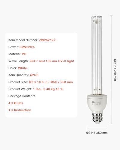 Image of VEVOR Clean Light Bulb, 4 Pack, 25W Replacement Lamp with Ozone, 253.7 nm + 185 nm Wavelength Clean Light Bulb, E27 Universal, for 400 sqft Living Room, Classroom, Office, and Restaurant