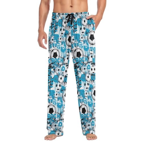 Men’s Blue Football Pajama Pants with Pockets, Comfortable Lounge Sleep Bottoms#1633