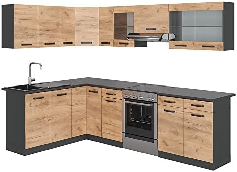 Vicco Cuisine en Angle Rick, Anthracite/chêne doré, 267x167cm, PT À Motifs Noirs