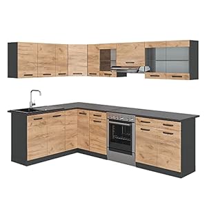 Vicco Rick Hoekkeuken, keukenblok, inbouwkeuken, antraciet, eiken, moderne keukenkasten, gootsteenonderkast, hoekonderkast, hoek, hangkast, werkblad, keukenmeubel, keukenblok, L-keuken (167 x 267 cm)