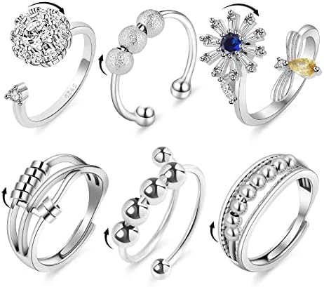 6PCS Anti Anxiety Fidget Ring for Women, Open Adjustable Ring, CZ Cubic Zirconia Diamond Rings, Rotatable Bead Rings, Bee Daisy Rings Set for Women Girls Stress Relief