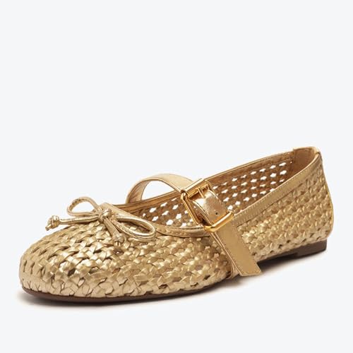 Image of Woven Ballet Flats Shoes for Women with Strap Charming Comfortable Casual Elegance Flat Mary Janes Suitable for Woven Bags