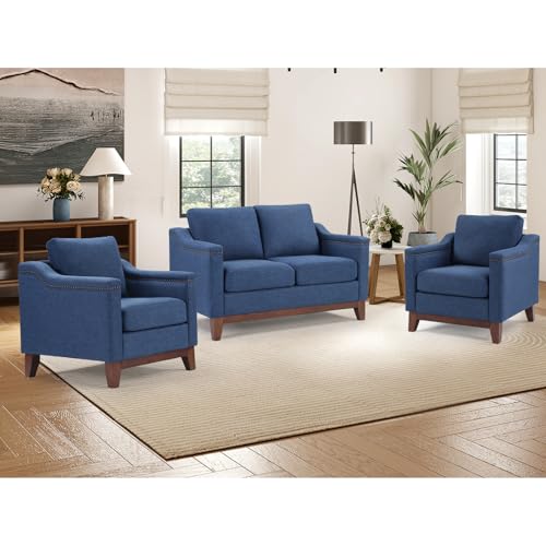 Image of HAOMARKETS Modern 3 Piece Sofa Set with Rivets, Included Chenille Accent Chair Set of 2, and Upholstered Loveseat 2-Seater Couches with Solid Wood Legs, Living Room Furniture Set,Blue
