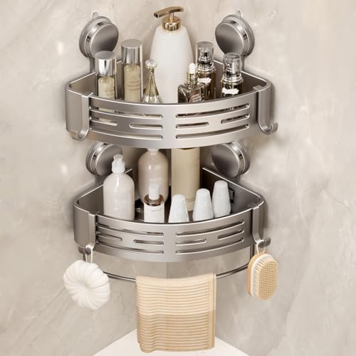 VOLPONE Corner Shower Caddy with Towel Bar - No Drill Suction Cup Organizer (2-Pack, Gray)