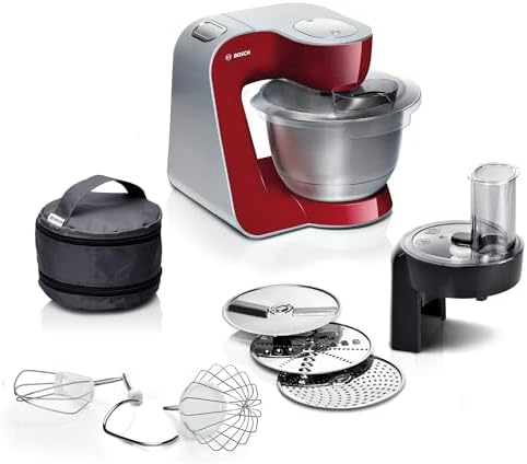 Bosch Küchenmaschine Serie 4, Edelstahl-Schüssel spülmaschinenfest, Planetenrührwerk, Durchlaufschnitzler, 3 Scheiben, 3 Rührwerkzeuge spülmaschinenfest, 1000 W, Made in Europe, ro