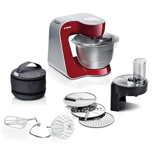 Bosch Küchenmaschine Serie 4, Edelstahl-Schüssel spülmaschinenfest, Planetenrührwerk, Durchlaufschnitzler, 3 Scheiben, 3 Rührwerkzeuge spülmaschinenfest, 1000 W, Made in Europe, rot, MUM58710