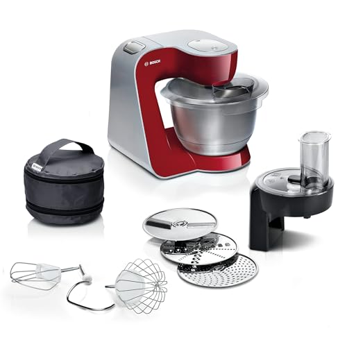 Bosch Küchenmaschine Serie 4, Edelstahl-Schüssel spülmaschinenfest, Planetenrührwerk, Durchlaufschnitzler, 3 Scheiben, 3 Rührwerkzeuge spülmaschinenfest, 1000 W, Made in Europe, rot, MUM58710 Bosch Küchenmaschine Serie 4, Edelstahl-Schüssel spülmaschinenfest, Planetenrührwerk, Durchlaufschnitzler, 3 Scheiben, 3 Rührwerkzeuge spülmaschinenfest, 1000 W, Made in Europe, rot, MUM58710