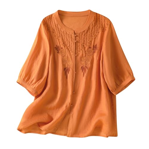 Womens 3/4 Sleeve Tops Button Down Crew Neck Retro Floral Embroidered Top Boho Dressy Casual Blouses Summer Clothing Orange XXL