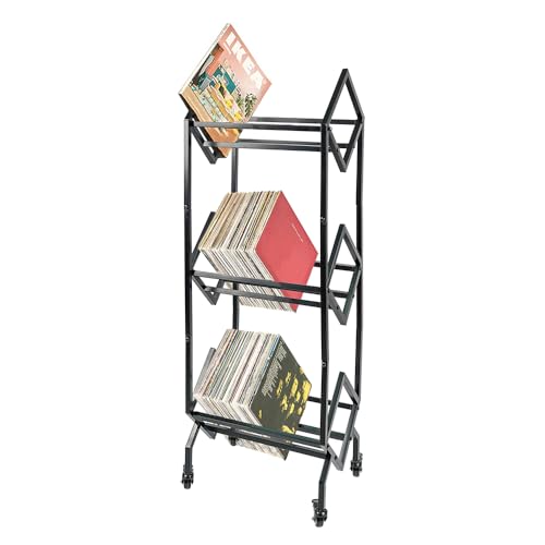 Yeeoy 3 Tier Vinyl Record Storage Rack, Mobile Black Metal Record Holder with Casters, LP Storage Shelf Display Stand for Albums Books Magazines and Office Files