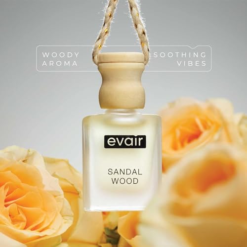 Image of Evair Hanging Car Air Freshener | Car Accessories Interior | Car Perfume Aroma with Essential Oils Fragrance in Glass Bottle with Wooden Diffuser Lid | 10 ml- Pack of 2 (Sandalwood & Ocean Rush)