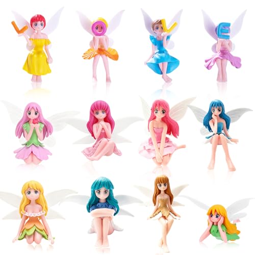 AWEELON 12 Pcs Miniature Fairy Figurines, Hand-Painted Small Flower Fairies with Wings for Garden Decor, Cake Topper & Landscapes