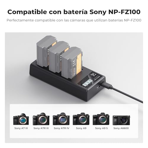 Ficha técnica K&F Concept NP-FZ100 Cargador de Batería de 3 Ranuras con Pantalla LCD Compatible con Cámaras Sony A7iii A7iv A7Rv A6700 A6600 A9 A1 FX3 FX30 ZV-E1 - Fernando Cortés