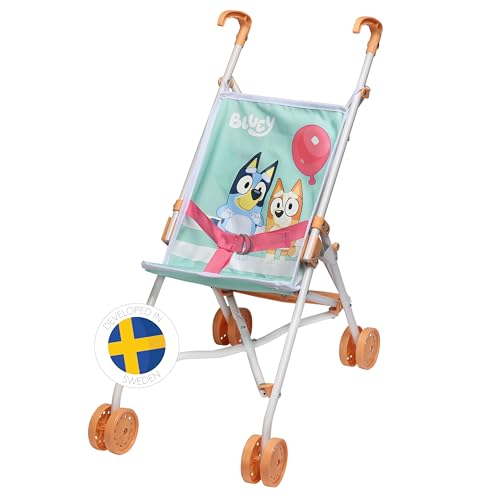 Bluey Puppenwagen Sulky – Leichter Puppenbuggy, Zusammenklappbar und tragbar, perfektes Spielzeug für Kinder ab 3 Jahren, rosafarbenes und blaues Design mit niedlichen Tiermustern – 540x270x400 mm