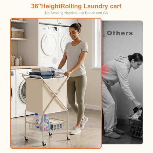 Image of Laundry Basket with Wheels:88L Rolling Laundry Cart Foldable Metal Frame Dirty Clothes Laundry Hamper 36 inchH 4 Caster 2 Brake Waterproof Removable Liner Carry Handle for Dorm Laundry Room,Cream