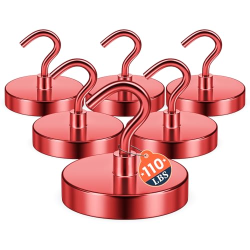 Image of FINDMAG Magnetic Hooks for Cruise Cabins, 110lbs Magnetic Hooks | Cruise Ship Magnets for Grill, Classroom Organization, Strong Fridge Magnets, Office Supplies, 6 Pack, Red