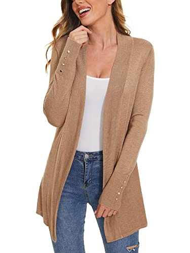 Image of Women Long Knit Cardigan Lightweight Open Front Sweaters | Capsule Wardrobe for Women, Relaxed fit, Buttoned Ribbed cuffs, Dressy Business Casual , for spring early fall office work