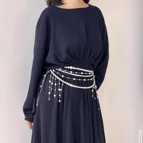 Multilayer Pearl Waist Chain Belt for Women Fashion Adjustable Big Pearls Belt Chain Pearls Tassel Belly Body Chain Prom Rave Body Accessories Jewelry for Dresses Jeans3