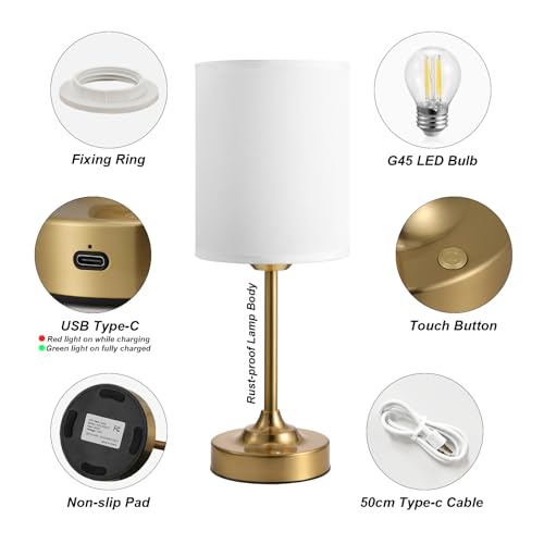 Image of Touch Control Cordlss Table Lamp, USB-C Rechargeable Lamp with Stepless Dimming, 4000mAh Battery Operated Vintage Bedside Lamp for Bedroom, Living Room, Night Light & Emergency Lighting, Brass, 2 Pack