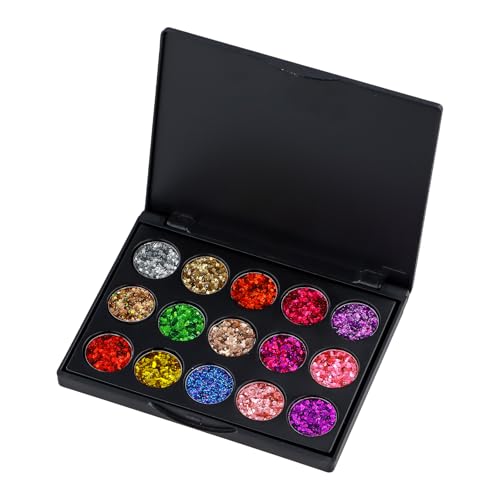 Dewocke 15 Farben Glitzer Lidschatten Palette, Metallic Sequined Eye Shadow, Hochpigmentierter Schimmernde Make-up, Ultra-Glamour für die Augen,Langlebig und Wasserdicht für Party und Bühnen Schminke