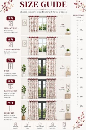 Image of Floral Printed Window Curtains for Living Room, Bedroom, Polyester Eyelet Curtains, 5 Feet Long, Room Darkening Window Parde, Decorative Designer Curtains for Home, Maroon & White, set of 3