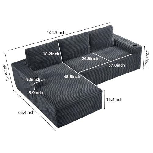 Image of 104 inch L Shaped Boneless Sectional Couches for Living Room, Comfy Corduroy Floor Cloud Sofa with Chaise and Cup Holder, Wide Armrest, Deep Seat, Assembly Free, Ideal for Small Spaces, Grey
