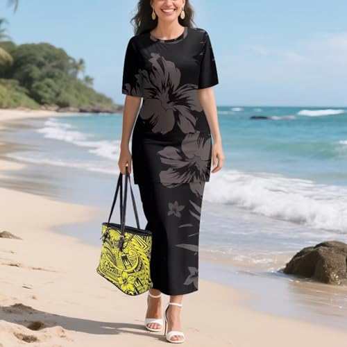 Image of Puletasi Samoan Traditional 2 Piece Outfits for Women Short Sleeve Crop Top and Maxi Skirt Sets Puletasi Dress