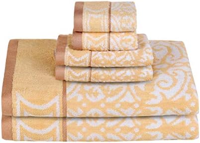 Bamsilk Bamboo Cotton Bath Towel Sets- Floral Jacquard Pattern Towels for Bathroom 6pack-2 Bath Towels 2 Hand Towels and 2 Washcloths (Gold)