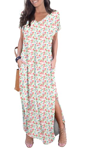 Image of GRECERELLE Women's Summer Maxi Dress Casual Loose V Neck Short Sleeve Side Split Long Dresses with Functional Pockets
