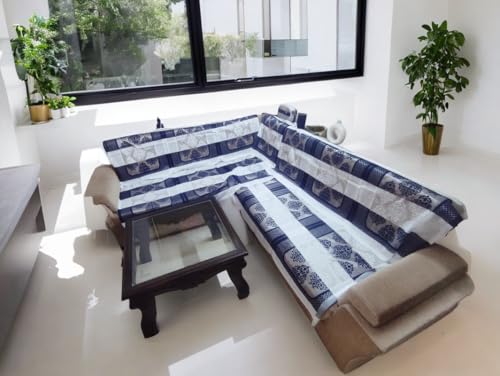 Image of Fab Nation Cotton L Shape Sofa Covers for 5 Seater Sofa Set | Sofa Slipcovers for 3 + 2 Seaters Cover Set | Blue & Cream