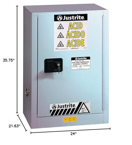 Image of Justrite Acid Corrosive Storage Cabinet - 15 Gallon 1 Door Self Close Chemical Storage Cabinet with ChemCor Coating - 22 inch x 36 inch x 24 inch - Made in The USA - Silver - 8825242