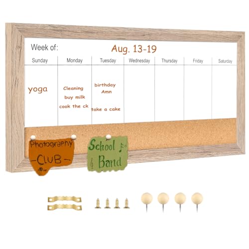 Umtiti Tableau blanc magnétique hebdomadaire effaçable à sec et tableau en liège, cadre en bois marron rustique, tableau blanc magnétique pour la maison, le bureau et la décoration murale