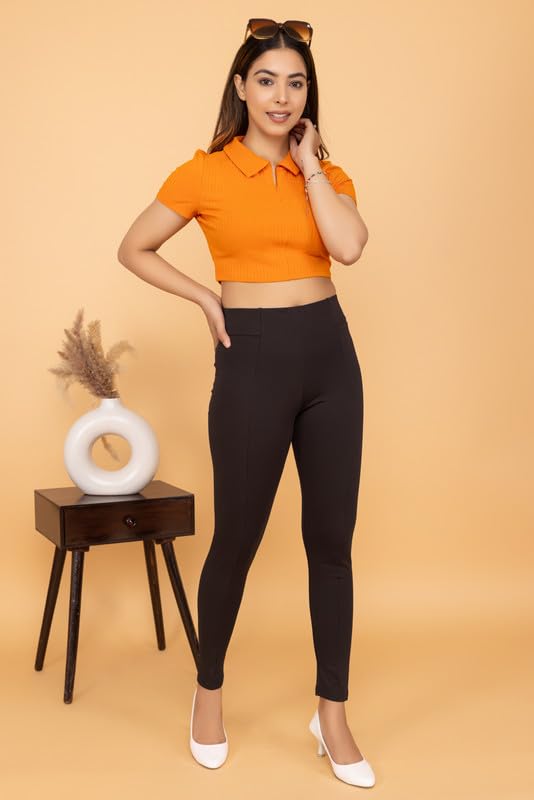 Image of Mlada Slim Fit Jeggings with Elastic Waist Band for Women Office Work Formal Wear Trousers Stretch Cotton Knit High Waist Skinny Fit Jeggings Lycra Pants Travel Comfort Jeggings