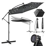 Juskys Ampelschirm Brazil 300 cm LED Beleuchtung Solar & Kurbel - UV-Schutz wasserabweisend knickbar - Hülle - Sonnenschirm Marktschirm - grau