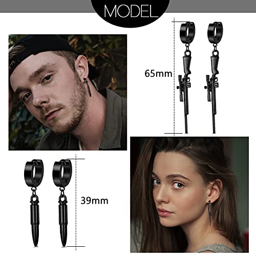 Subiceto 16 Pairs Stainless Steel Punk Y2K Earrings Black Goth Earrings For Men Women Axe Bullet Head Arrow Skeleton Zipper Head Stud Goth Hoop Dangle Earrings Pack #TOP4