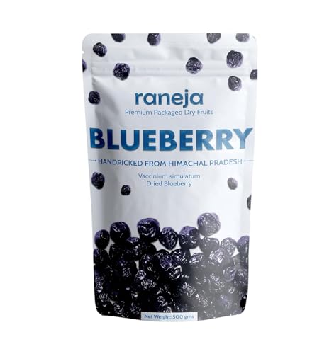 Image of RANEJA 100% Natural Premium Blueberries 500Gm Without added Sugar | Dried Seedless Blueberries | Dry Fruits | Healthy & Tasty Whole & Dried Blueberry | Rich In Calcium And Vitamin K | Non-GMO