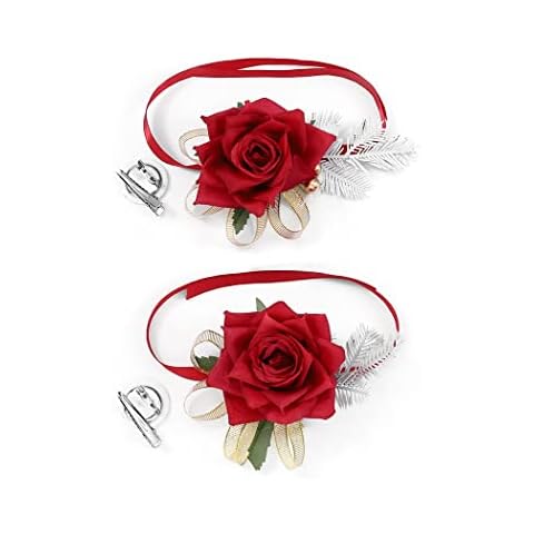 Fstrend Wrist Corsage Wedding Bridesmaid Wrist Bracelet White Hand Flower Decor Groom Groomsmen Boutonniere (Red, 2) Cover
