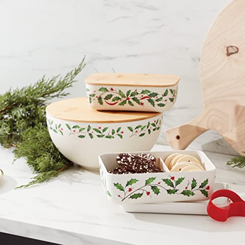 Lenox Holiday Serve Bowl with Wooden Lid, 2.43, Red & Green The Home