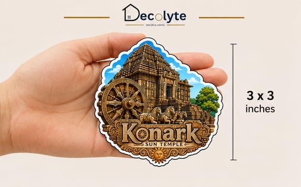 Image of Konark Sun Temple Theme Wooden Fridge Magnet Souvenir | 3x3 in Kitchen Home Decor Gift