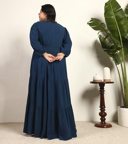 Image of DEEBACO Women's Plus Size Solid Rayon Tiered Maxi Dress|3 /4 Sleeve|V-Neck|Casual Trending Stylish Long One Piece Dresses Women Western