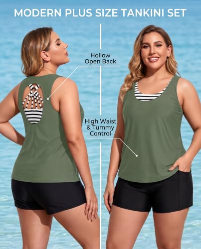 Image of Holipick Women Plus Size Swimsuits - Athletic 3 Piece Tankini with Shorts | Sports bikini top, high waist shorts, tank top, removable pads. Athletic style for water activties