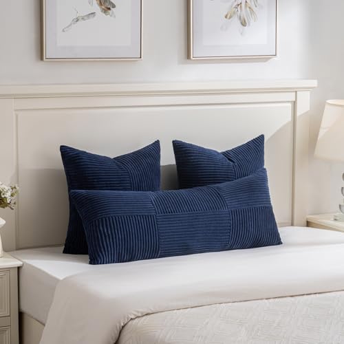 Image of Fancy Homi Set of 2 Navy Blue Boho Long Lumbar Body Decorative Throw Pillow Cover 14x36 Inch for Bed Couch Bedroom Bench, Soft Patchwork Corduroy Textured Pillow Case, Rustic Farmhouse Room Decor