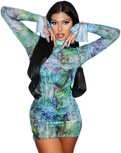 Women’s Floral Tie Dye Sheer Mesh Mini Dress Sexy Mock Neck Split...