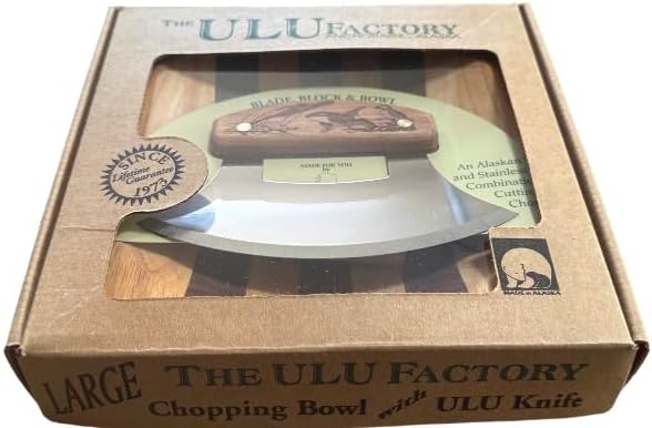 The Ulu Factory Alaskan Birch Wood Ulu Mezzaluna Knife and Bowl Set Ocean Collage Humpback Puffin Orca Whale