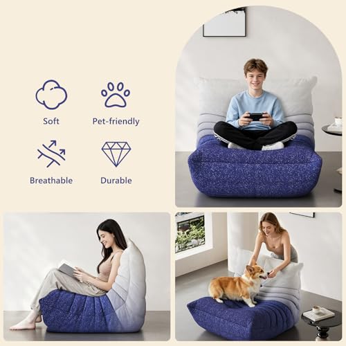 Image of Bean Bag Chair, Cozy Memory Foam Bean Bag Chairs for Adults, Comfy Fireside Accent Chair Lazy Floor Chair for Gaming Bedroom Living Room (White&Blue, Single)
