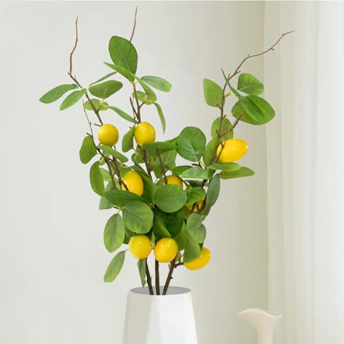 Artificial Lemons Branches 3pcs 27.5inch Lemon Stems for Vases Realistic Fruit Bouquet Faux Lemon Tree Branch Fake Lemons for Kitchen Home Wedding Party Spring Summer Decorations DIY Floral Crafts