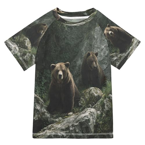 Boys Short Sleeve T-Shirts Real Brown Bear Cave Rashguard Kids Swim Shirts Sun UPF 50+