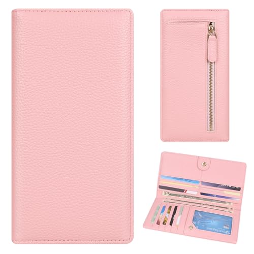 Handlein Womens Wallet Extra Slim RFID Wallets Leather Bifold Clutch Billfold Purse with 11 Card Slots & ID Window Cute Credit Card Holder Purse for Ladies Girls (Pink)