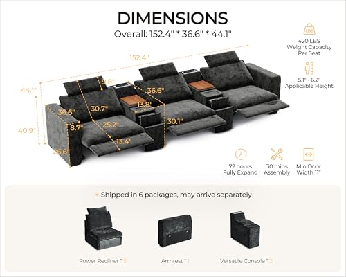 Image of 152.4 inch Power Recliner Sofa Wall Hugger, Modular Cloud Sectional Reclining Couch with Headrest, Storage Drawer Cup Holder, 3-Seater with 2 Consoles for Home Theater Living Room, Chenille, Black